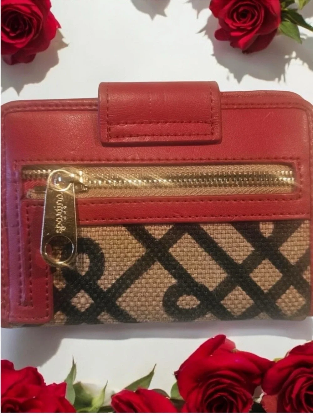 Like New ~ Spartina 449 Red-Trim Canvas Wallet with Black Geometric Pattern